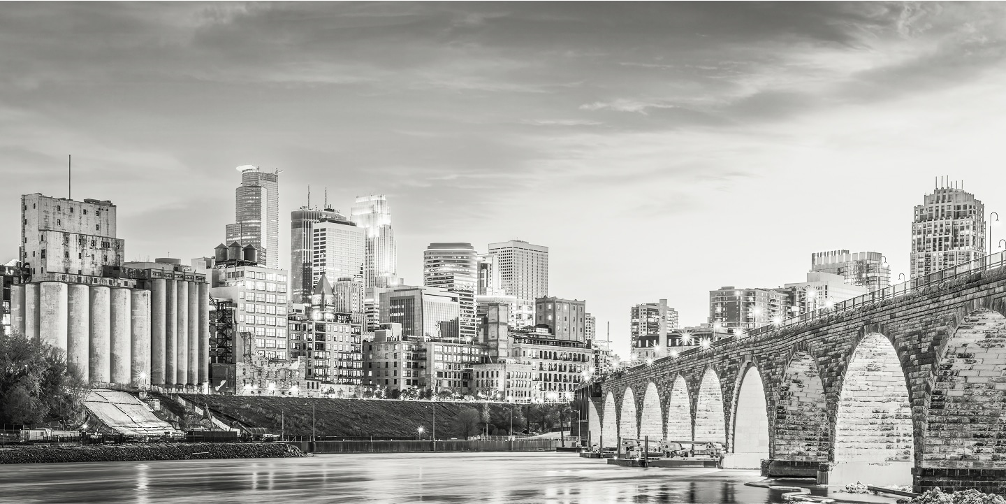 Minneapolis bridge view in black and white